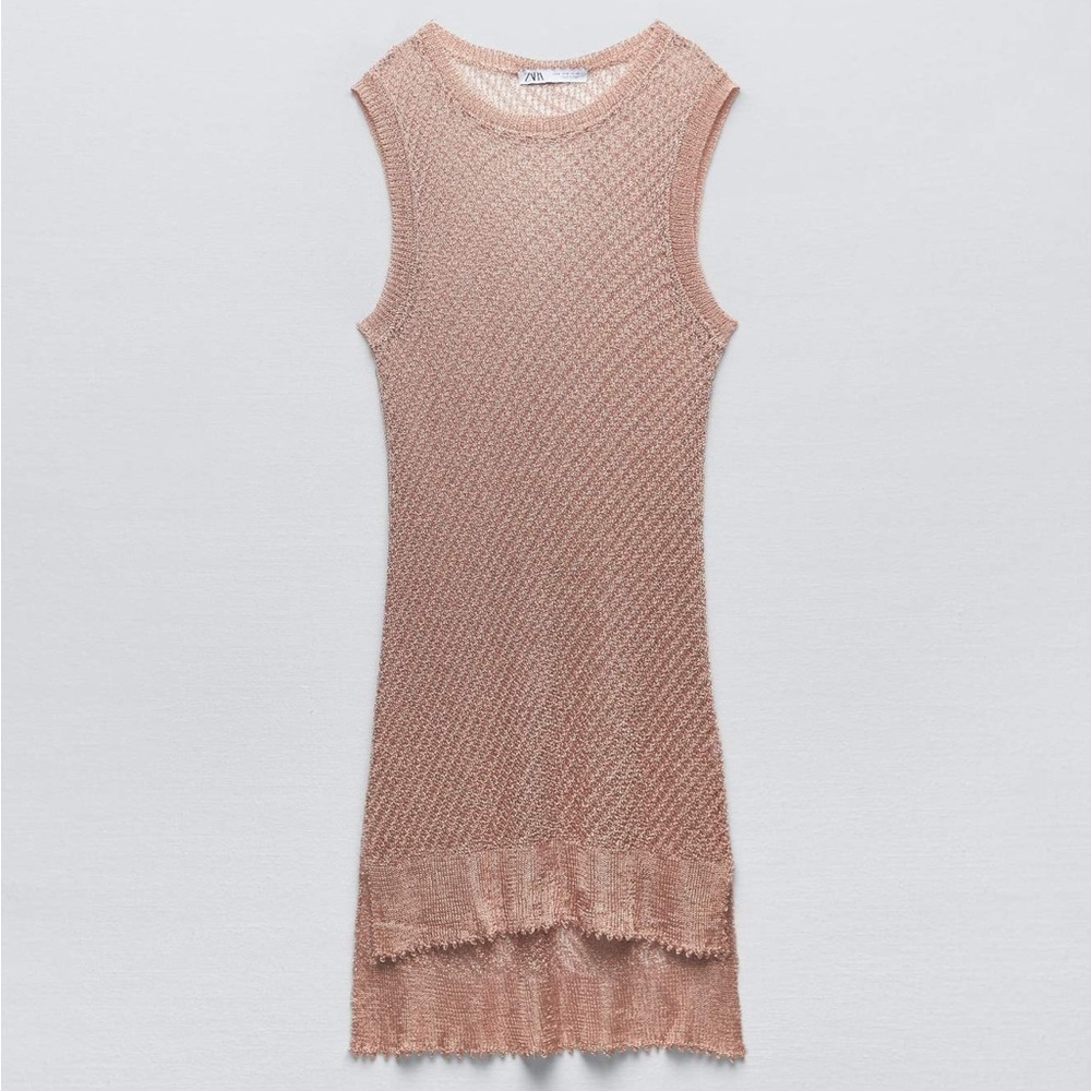 New Zara Metallic Bronze Mesh Semi Sheer Knit Tunic Dress 8146/008 Small